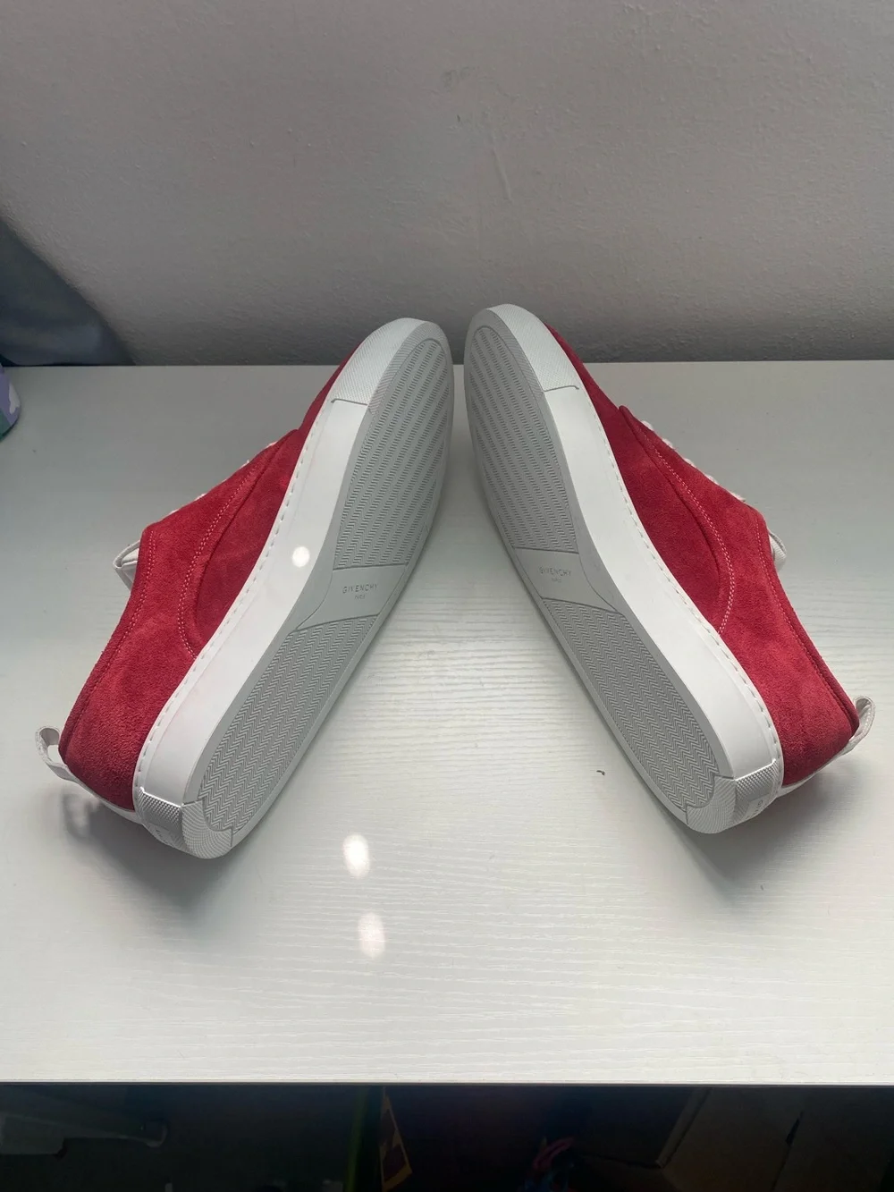 Givenchy Men’s Red Suede Low-Top Sneakers with White Accents
